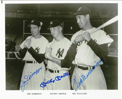 Mickey Mantle, Ted Williams, and Joe DiMaggio Signed 8x10 Photo